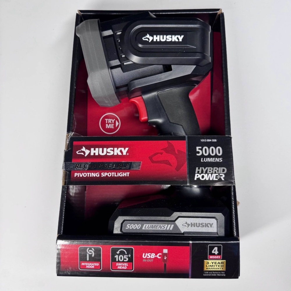 NEW Husky 5000 Lumen Rechargeable Spotlight – Hybrid Power – USB-C